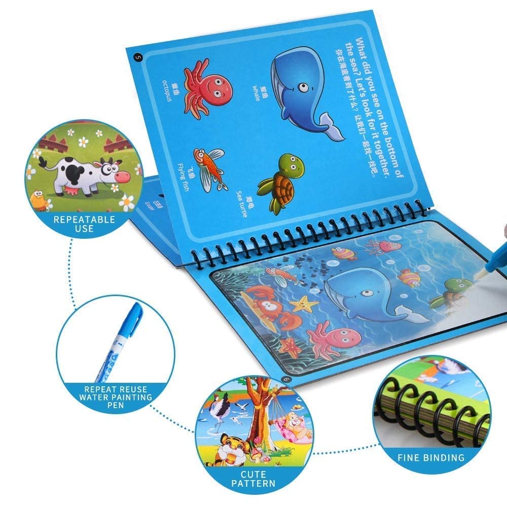 The Baby Magic Water Book for Kids 2-5 Years Colouring Books Set | Reusable Activity Book for Kids, Drawing Book and Pen |Coloring Doodle Board Games for Kids (8 Pages Each)